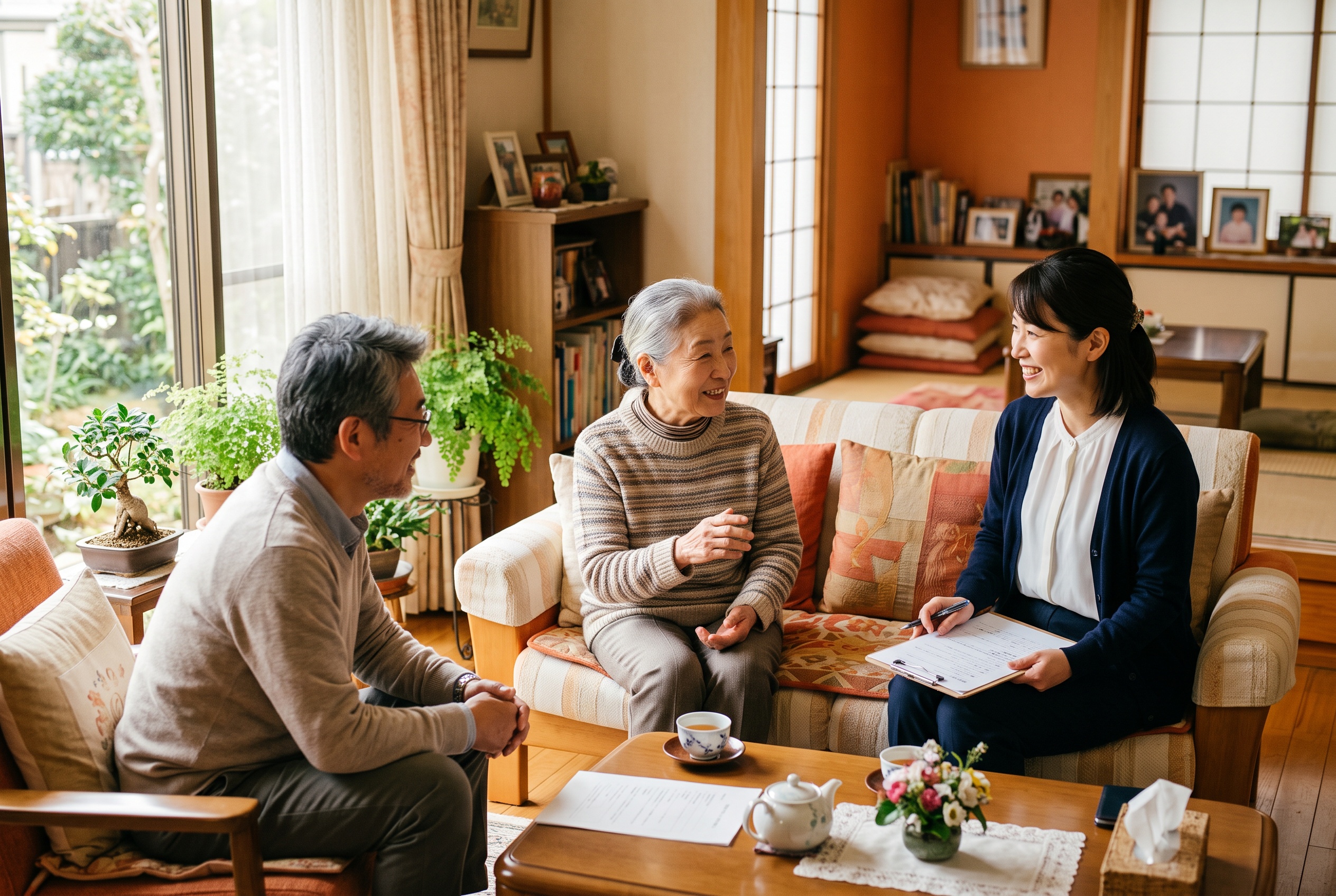 ケアマネジャーが利用者・ご家族と対話しているイメージ画像（AI生成イメージ／実際の事業所・人物ではありません）