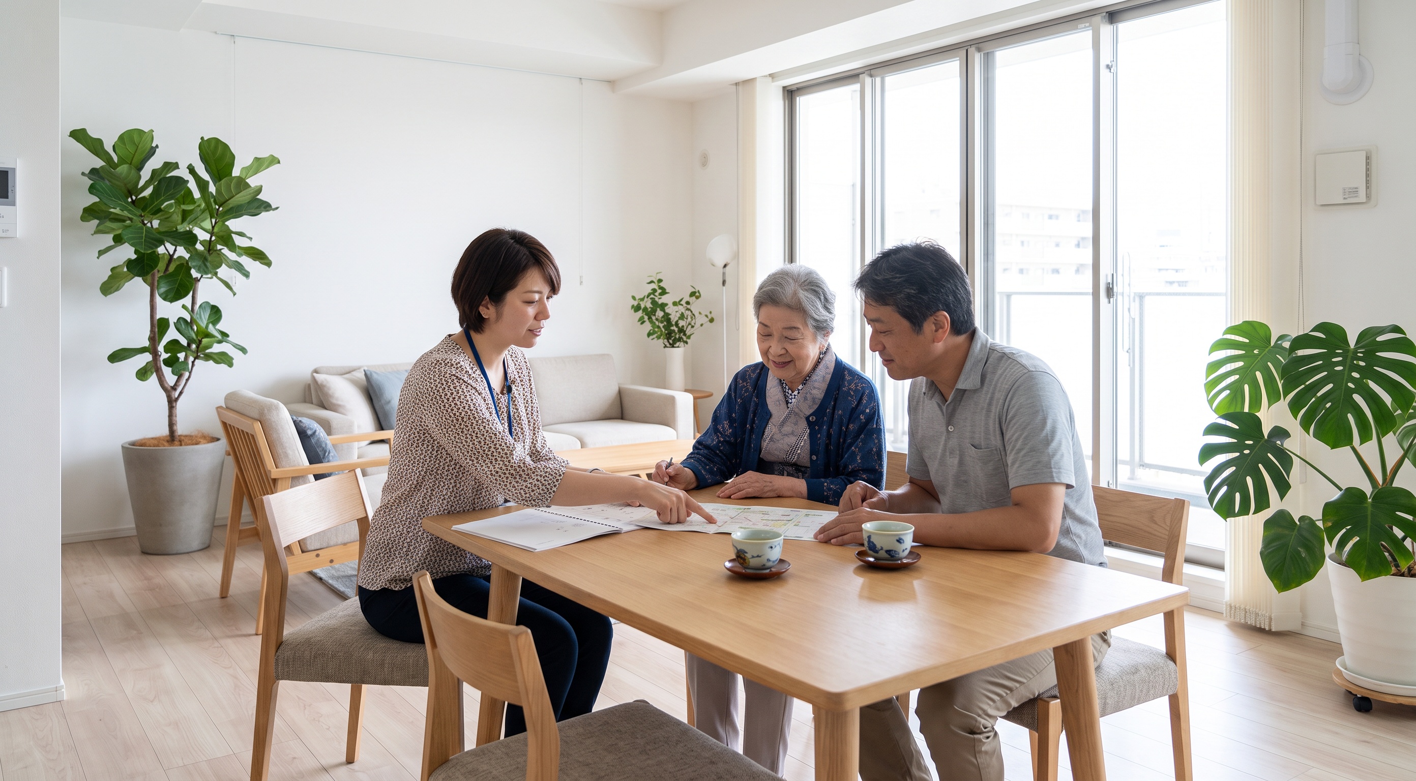 明るいマンションの一室でケアマネジャーが利用者とご家族と一緒に相談する様子