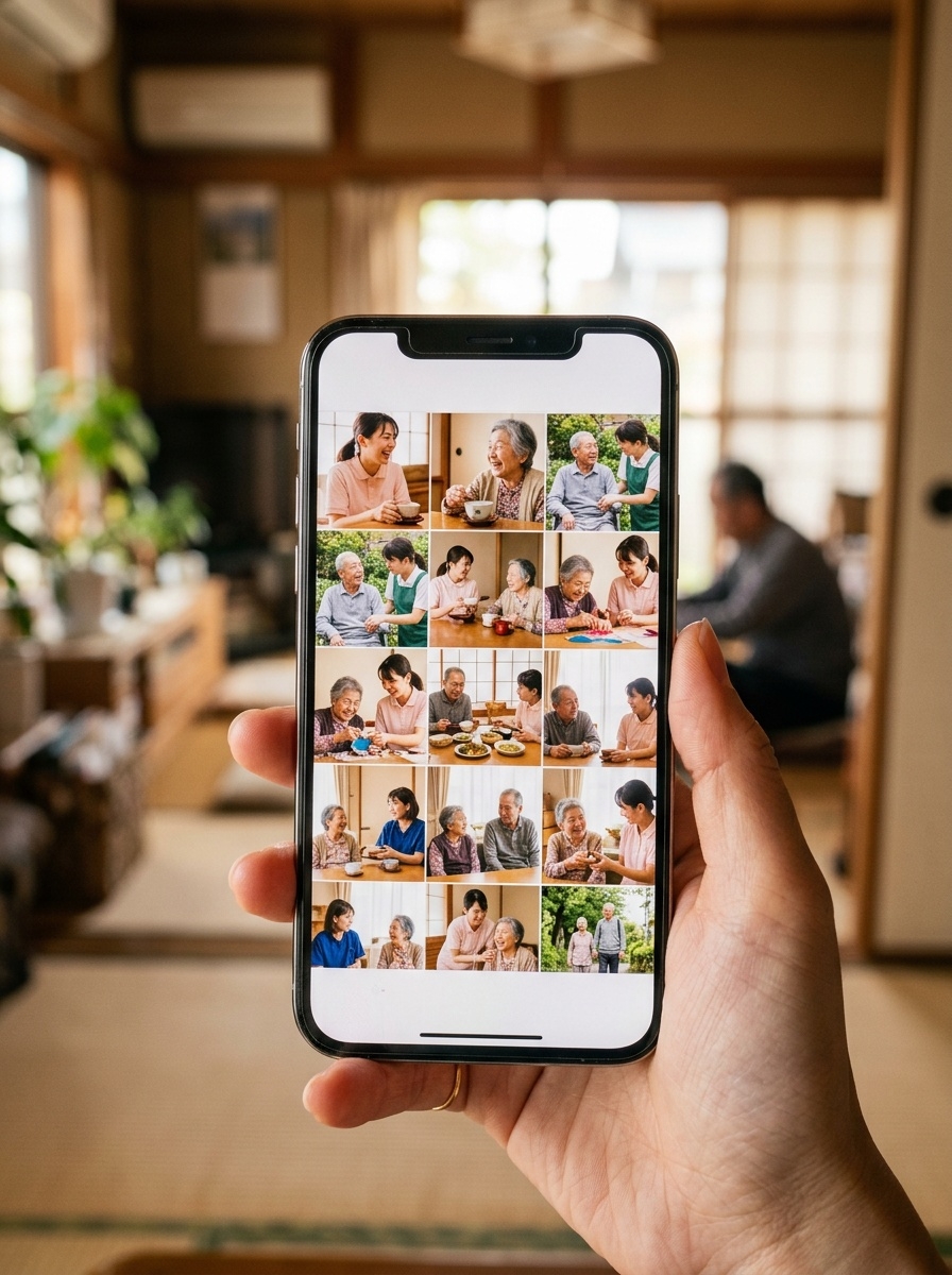 スマートフォンにスタッフと利用者の日常の写真フィードが表示されている様子