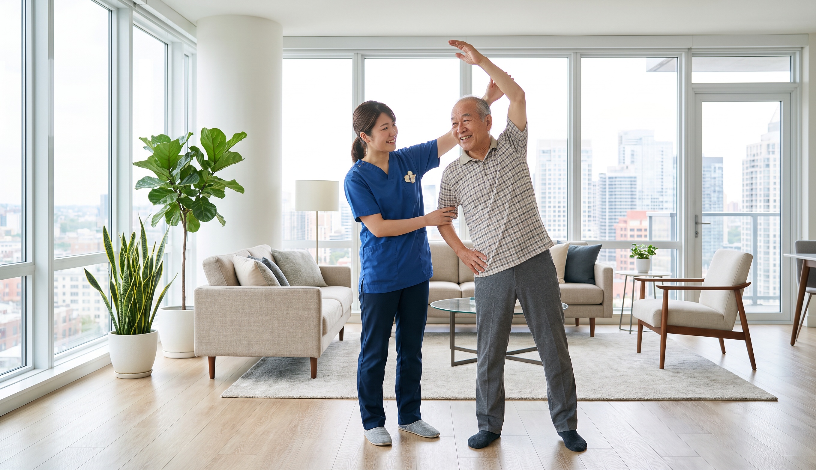 明るいマンションの一室で訪問看護師と利用者が一緒に体操をしている様子