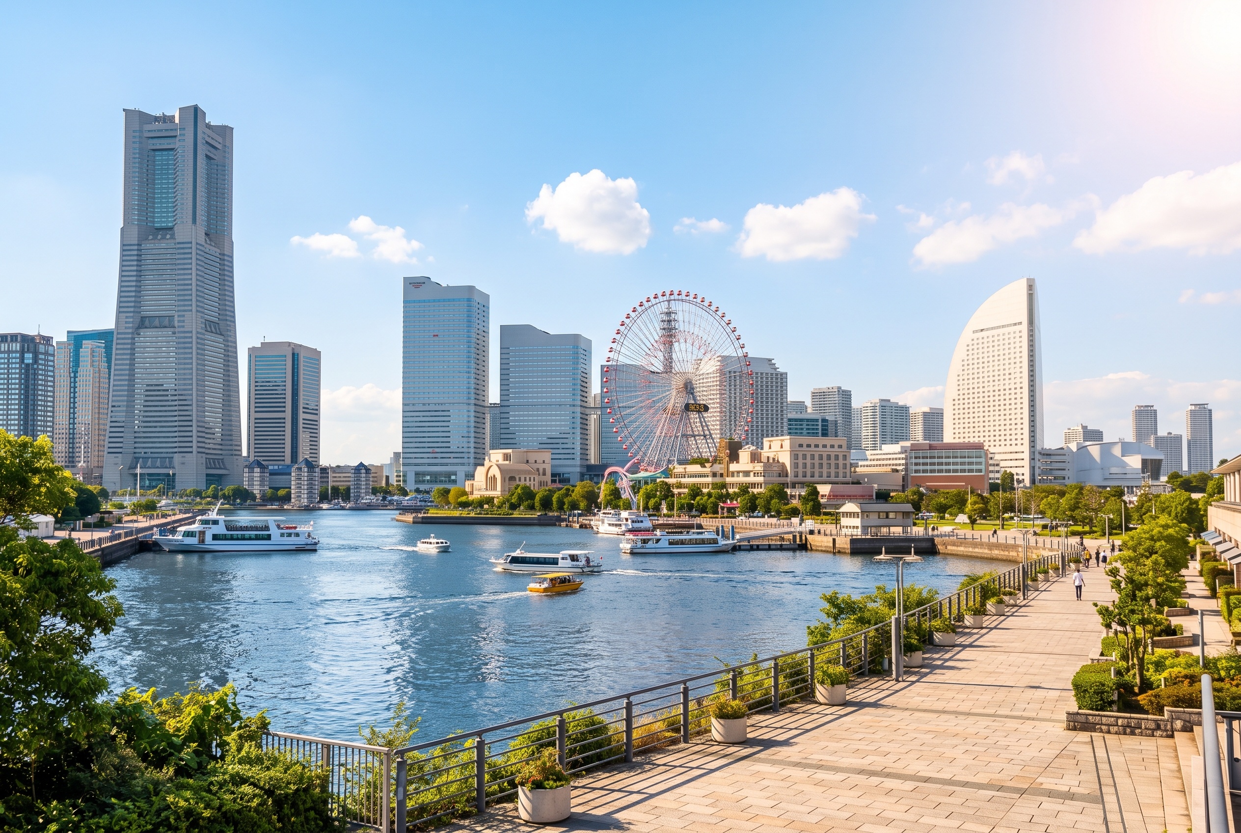 横浜みなとみらいのランドマークタワーと観覧車が見える港の風景